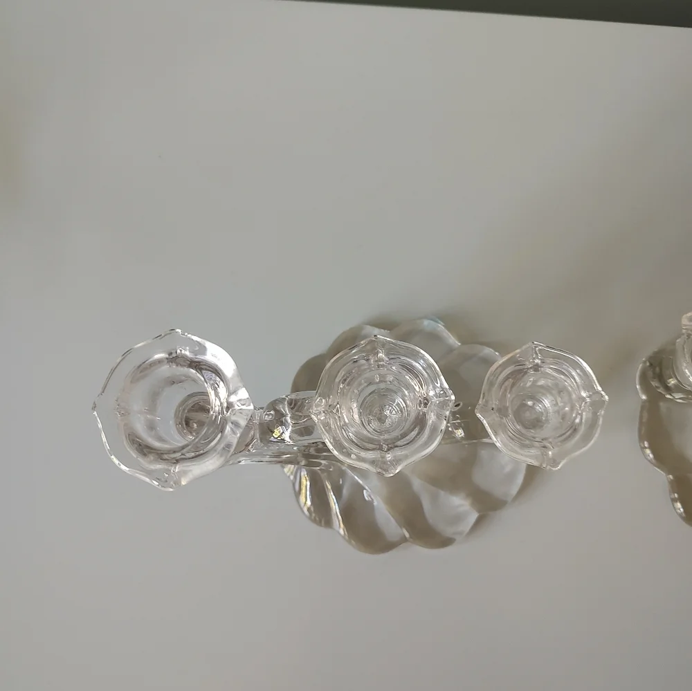 Vintage Cambridge Glass Caprice Three Light Candlestick Pair Chrystal Clear